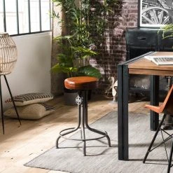 MACABANE Tabouret Industriel ROBIN Cuir Hauteur Ajustable Pieds Métal