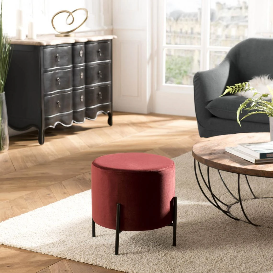 MACABANE Tabouret Rond 40X40Cm Tissu Velours AGATHE Bordeaux Pieds Métal 1 MACABANE Tabouret Rond 40X40Cm Tissu Velours AGATHE Bordeaux Pieds Métal