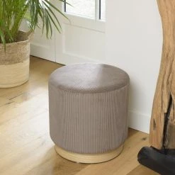 MACABANE Tabouret Rond 40x40cm Velours Cotelé Marron Base En Bois