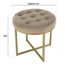 MACABANE Tabouret Rond 41x41cm Velours Taupe Avec Boutons Pieds Croisés Métal...